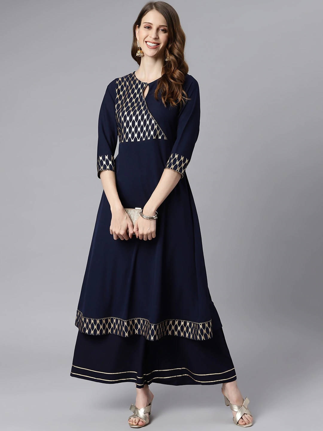 Janasya Navy Blue & Gold-Toned Printed Yoke Design Keyhole Neck Crepe Anarkali Kurta - Distacart
