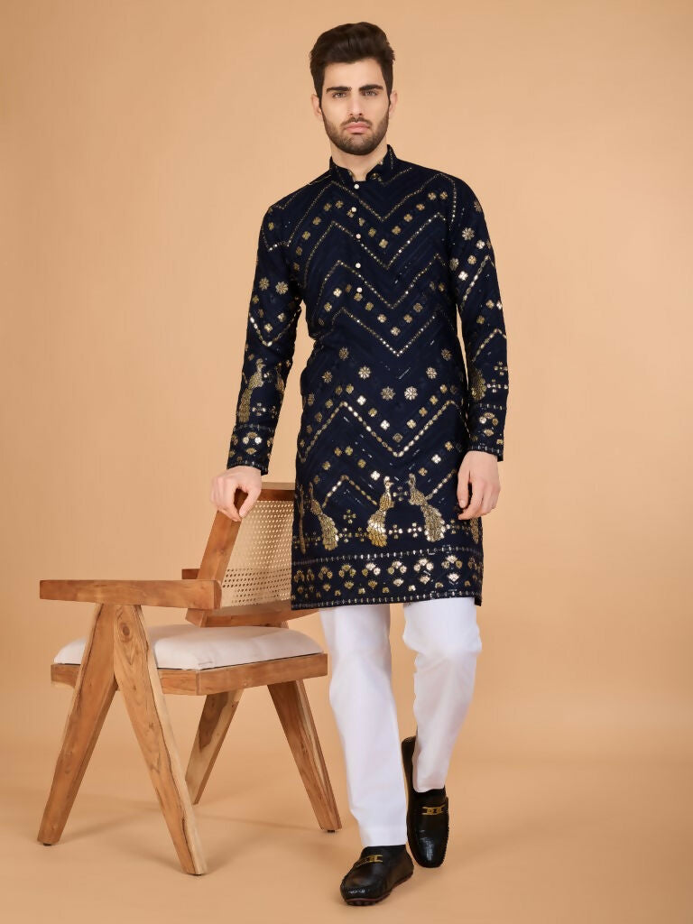 Vastranavya Navy Blue Exclusive Festival Wear Pure Viscose Rayon Embroidered Sequence Work Kurta