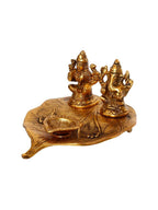 eCraftIndia Antique Gold-Toned Metal Handcrafted Laxmi Ganesh With Diya On Leaf