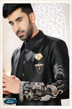 Joban Fashion Men's Black Straight Malai Silk Thread And Sequence Embroidery All Over 3 Pc Kurta Set