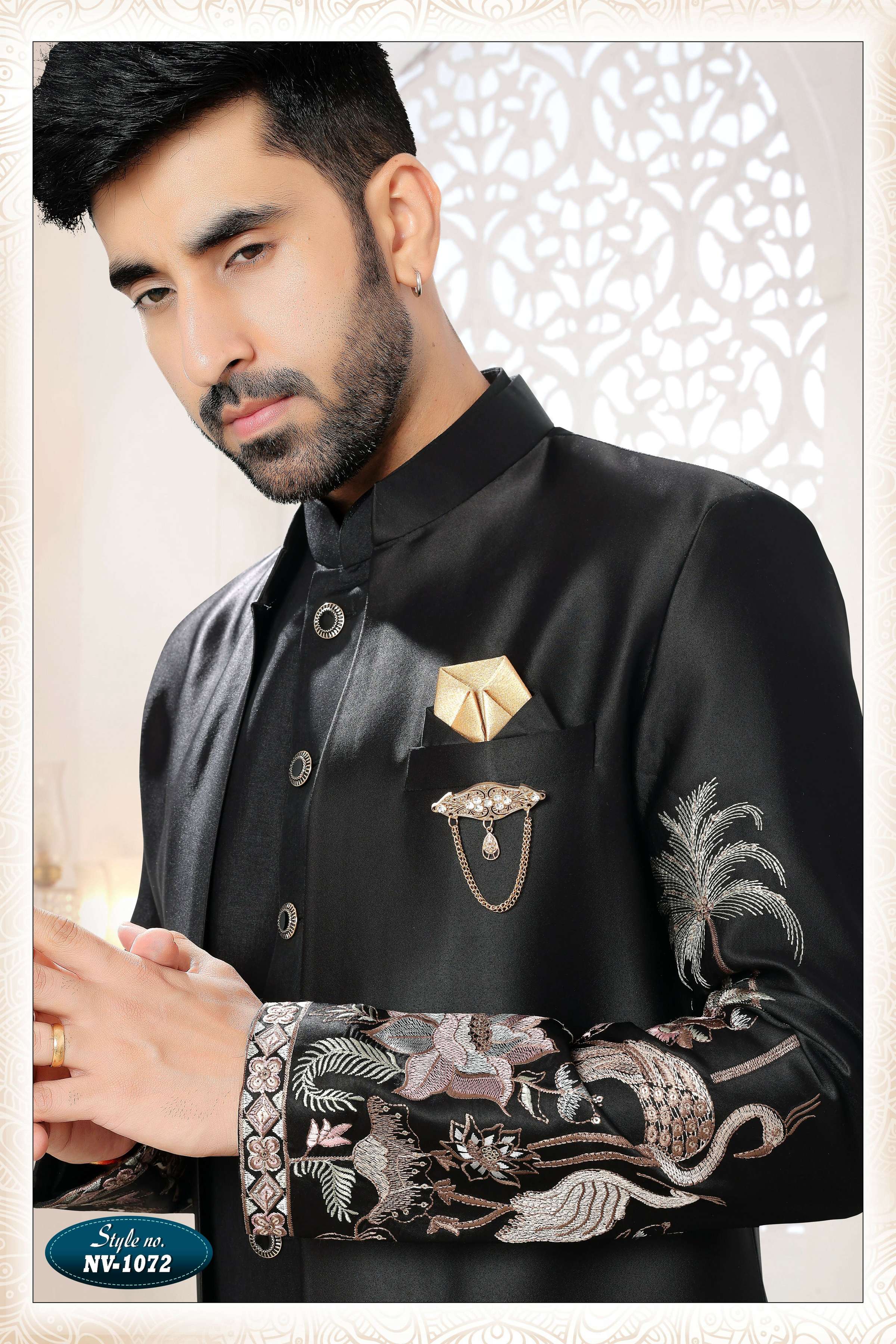Joban Fashion Men's Black Straight Malai Silk Thread And Sequence Embroidery All Over 3 Pc Kurta Set