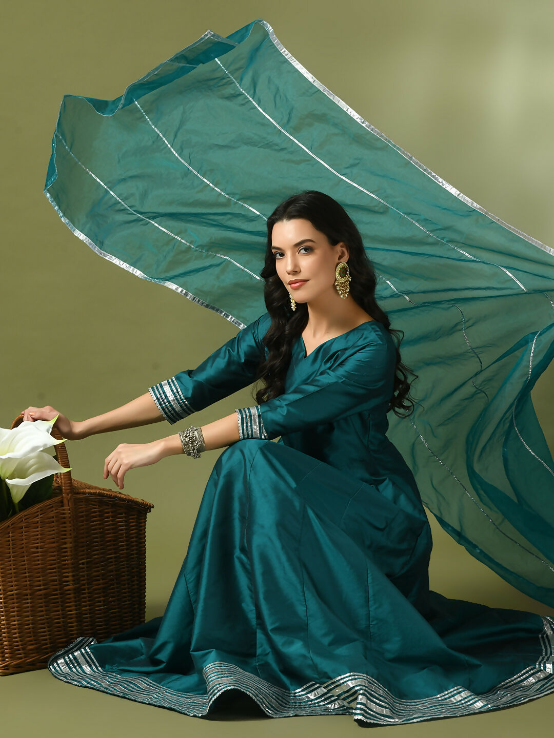Myshka Women's Teal Solid Silk Anarkali Party Kurta With Dupatta
