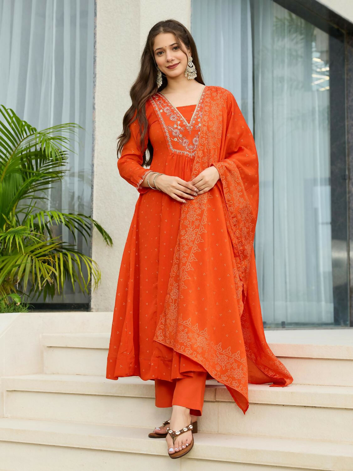 The52 Orange Women's Gorgeous Embroidered Chinon Fabric Flared Kurta Pant and Dupatta Set - Distacart