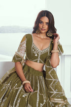 Eilara Adorable Olive Green Sequins Net Mehendi Wear Lehenga Choli