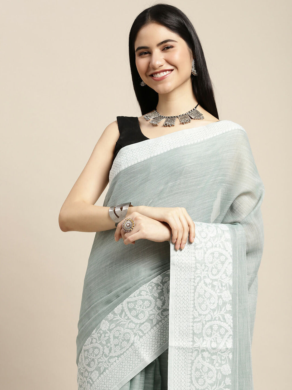 Shree Shyam Fashion Linen Sea Green Saree - Distacart