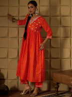 Indo Era Bandhani Embroidered Empire Sequined A-Line Pure Cotton Kurta With Trousers - Distacart