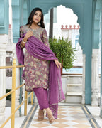 Vaasva Women's Purple Tissue Embroidered Suit Set With Solid Pant And Embroidered Dupatta