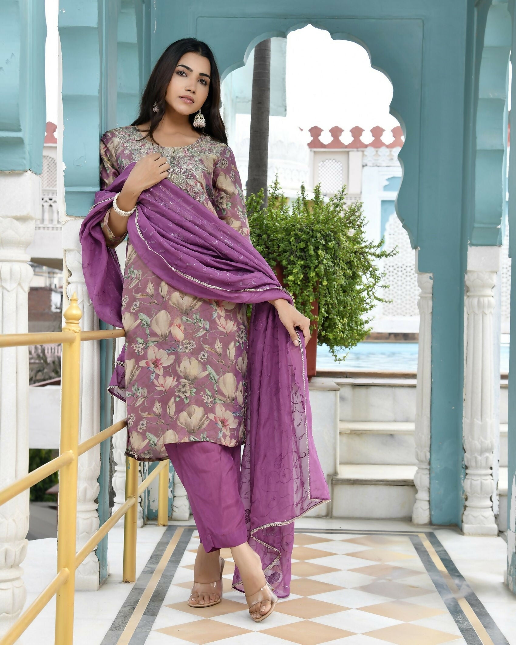 Vaasva Women's Purple Tissue Embroidered Suit Set With Solid Pant And Embroidered Dupatta