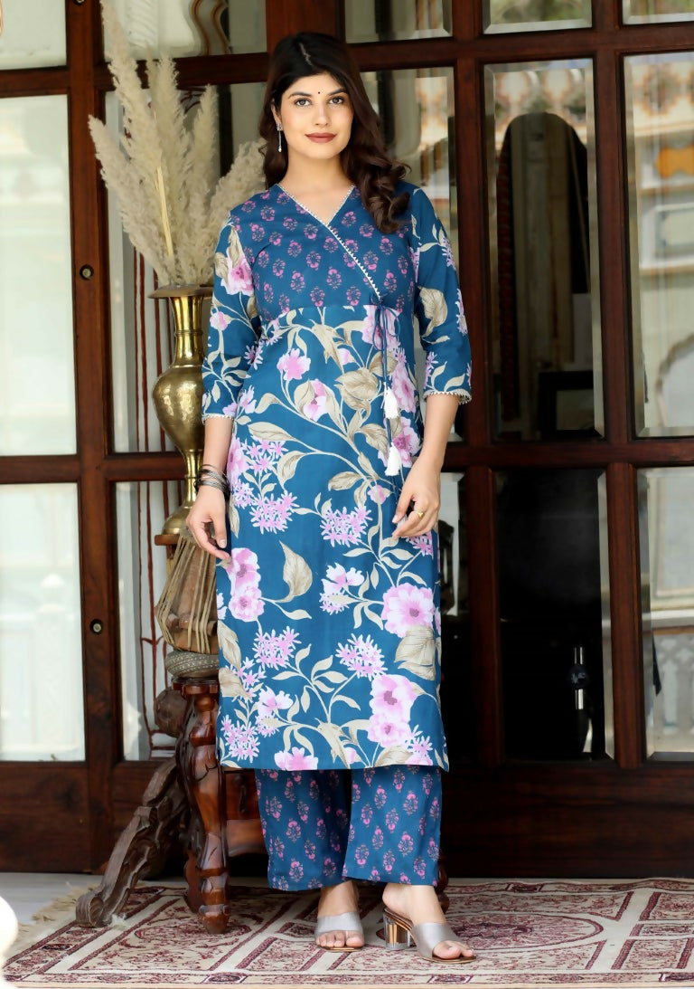 Miravan Women's Floral Block Printed Angrakha Kurta With Floral Palazzo
