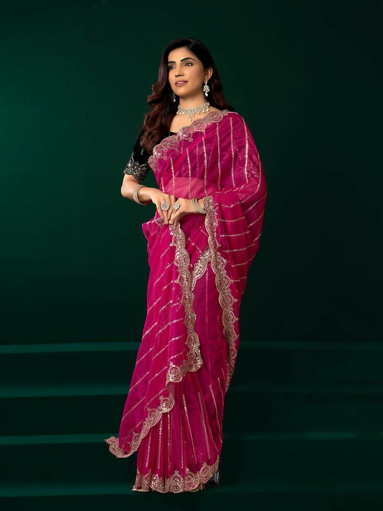 Joban Fashion Rani Pink Net Party Wear Sarees - Distacart