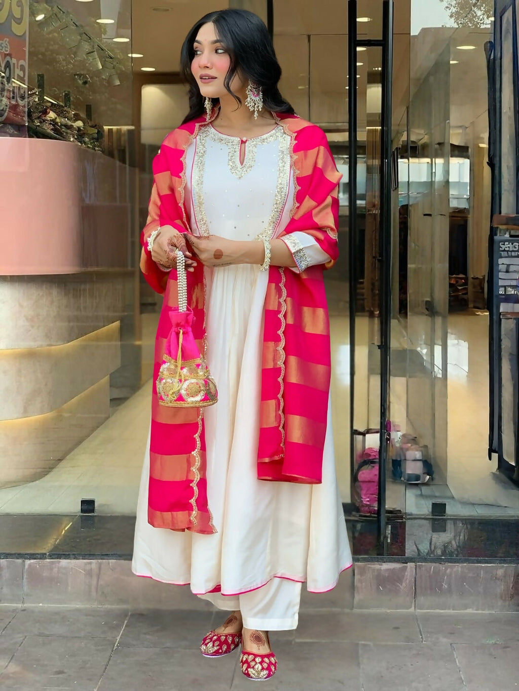The52 White Women's Gorgeous Embroidered Work Chanderi Fabric Flared Kurta Pant and Dupatta Set - Distacart