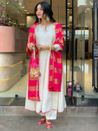 The52 White Women's Gorgeous Embroidered Work Chanderi Fabric Flared Kurta Pant and Dupatta Set - Distacart