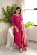 The52 Pink Women's Gorgeous Embroidered Vichitra Fabric Straight Kurta Pant with Dupatta Set - Distacart