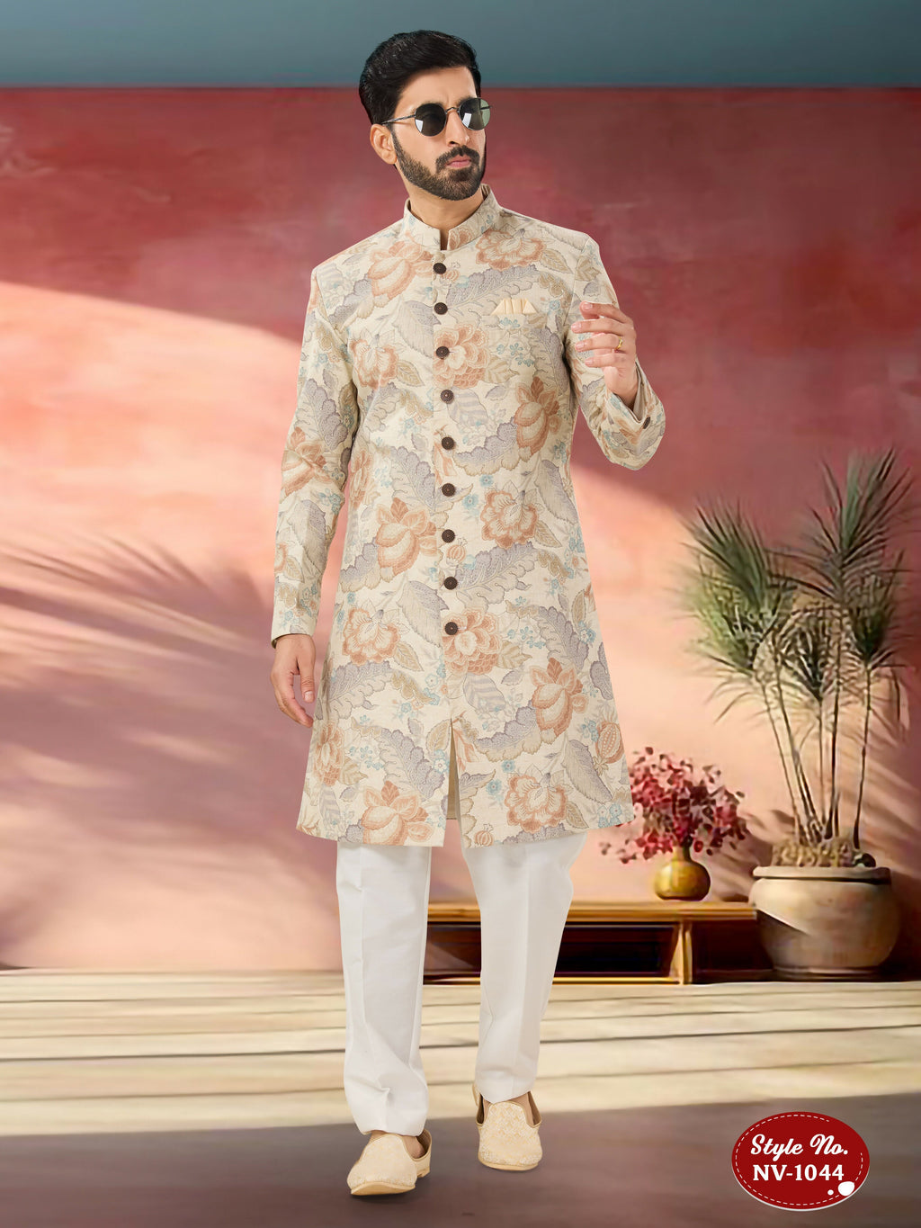 Joban Fashion Men's Beige Base Multi-Colour Straight Swed Velvet Self-Design In Fabric Indo-Western Kurta Set