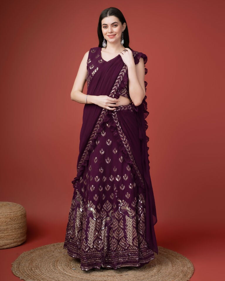 Purple Georgette Sequence Embroidered Lehenga Choli with Dupatta - Tanya