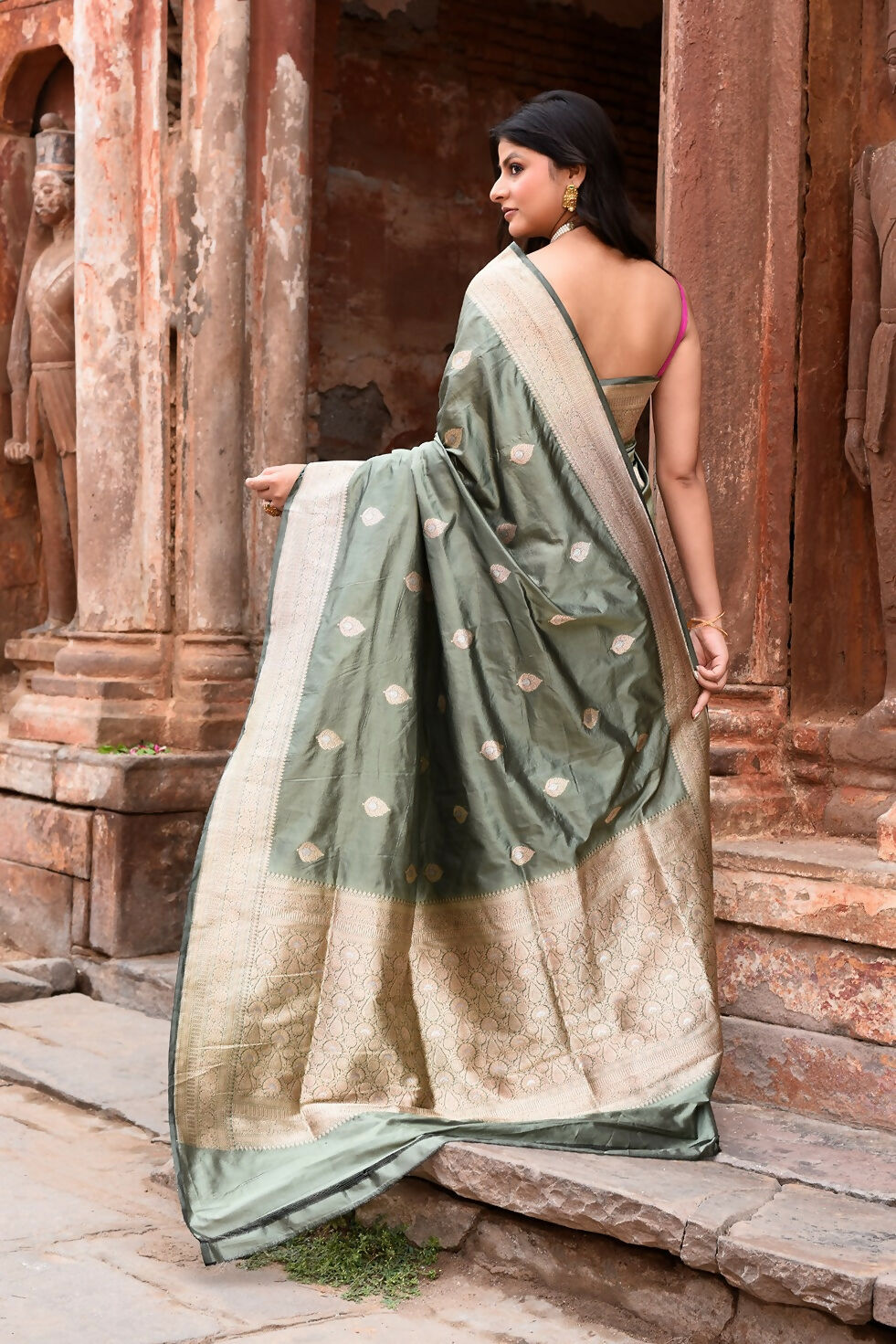 Joban Fashion Dusty Olive Banarasi Katan Pure Handloom Silk Saree