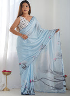 Vegaa Fashion Sky Blue Chinon Silk Print Work With Mirror Work Border Designer Saree - Distacart