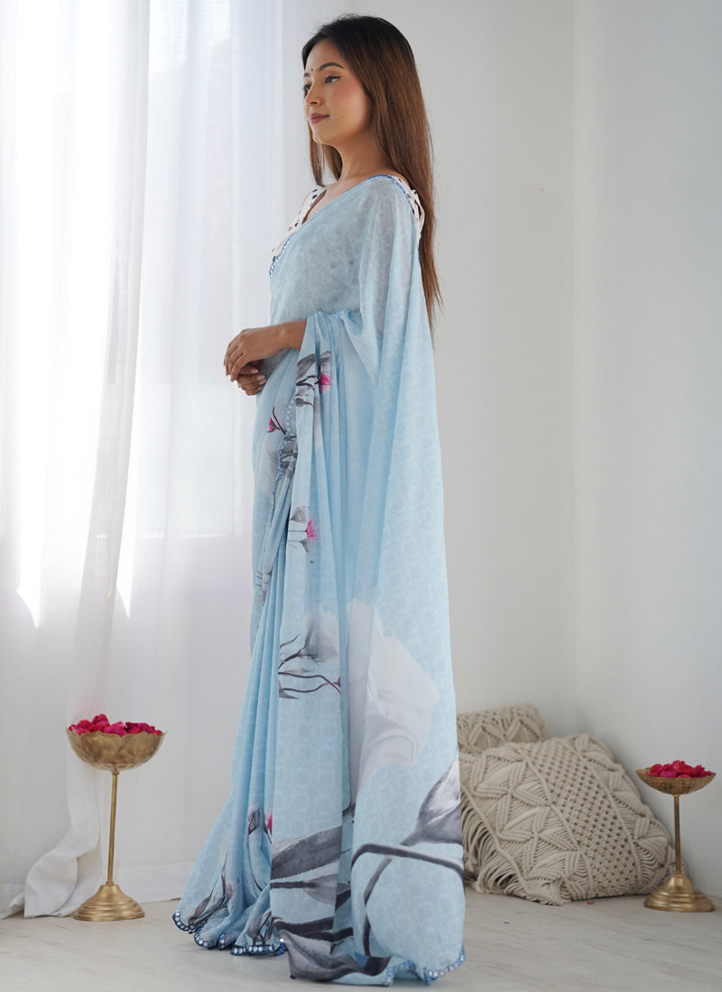 Vegaa Fashion Sky Blue Chinon Silk Print Work With Mirror Work Border Designer Saree - Distacart