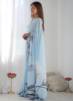 Vegaa Fashion Sky Blue Chinon Silk Print Work With Mirror Work Border Designer Saree - Distacart