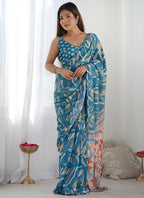 Vegaa Fashion Rama Chinon Silk Print Work With Mirror Work Border Designer Saree - Distacart