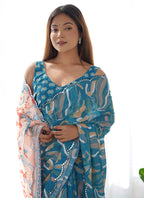 Vegaa Fashion Rama Chinon Silk Print Work With Mirror Work Border Designer Saree - Distacart