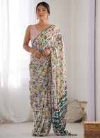 Vegaa Fashion Off White Chinon Silk Print Work With Mirror Work Border Designer Saree - Distacart