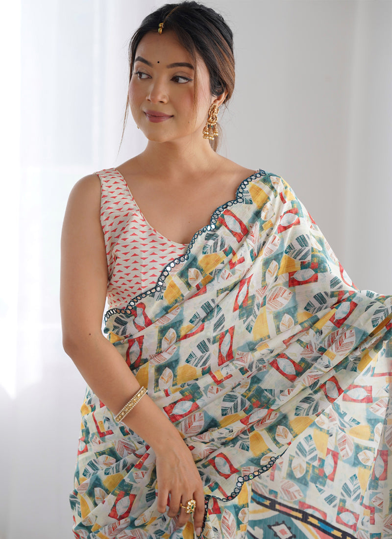 Vegaa Fashion Off White Chinon Silk Print Work With Mirror Work Border Designer Saree - Distacart