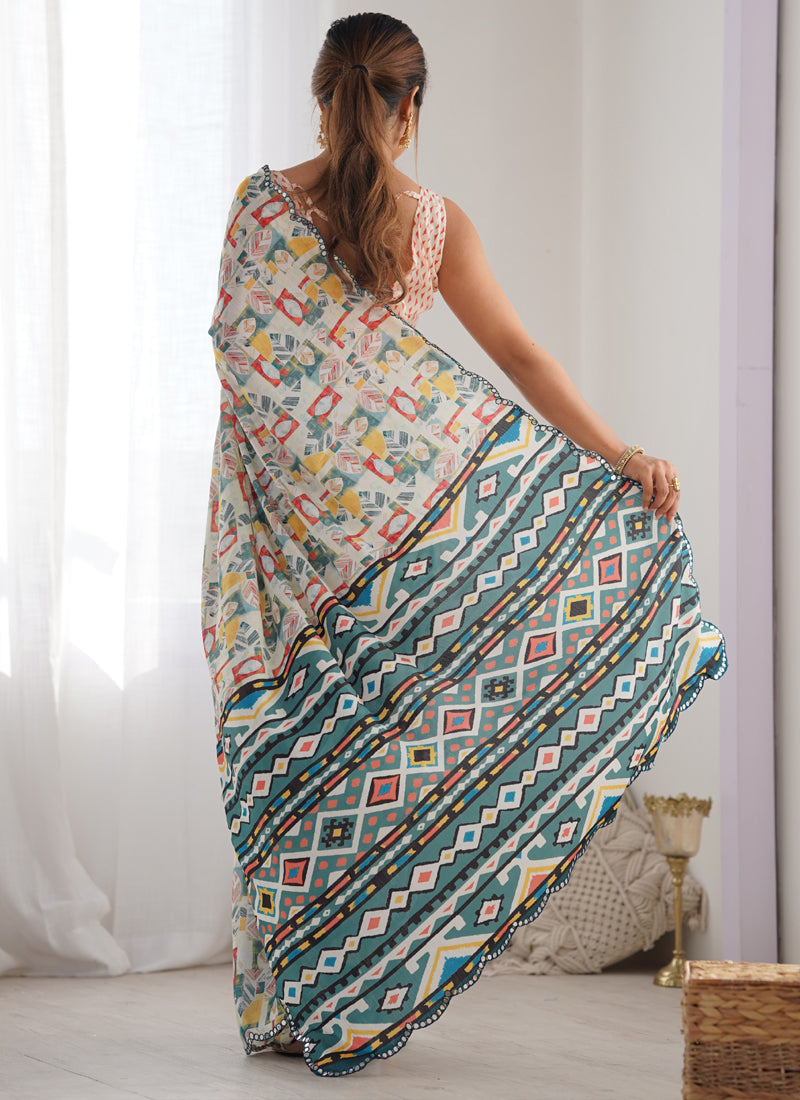 Vegaa Fashion Off White Chinon Silk Print Work With Mirror Work Border Designer Saree - Distacart