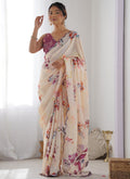 Vegaa Fashion Cream Chinon Silk Print Work With Mirror Work Border Designer Saree - Distacart