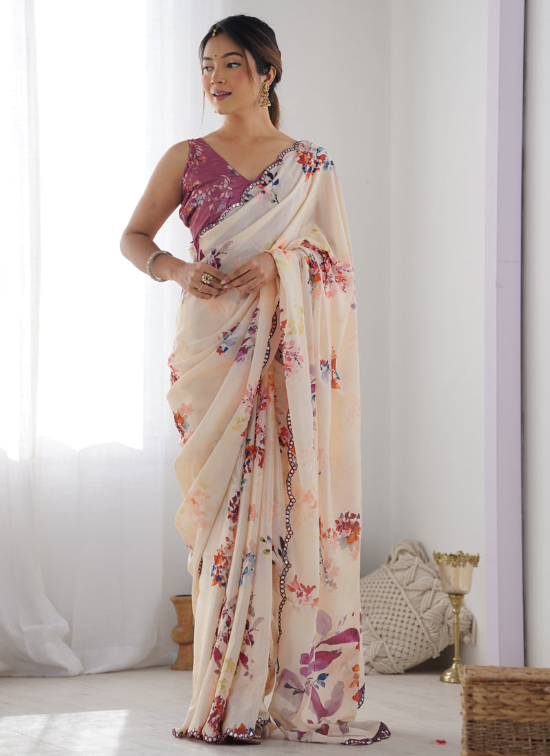 Vegaa Fashion Cream Chinon Silk Print Work With Mirror Work Border Designer Saree - Distacart