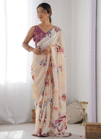 Vegaa Fashion Cream Chinon Silk Print Work With Mirror Work Border Designer Saree - Distacart