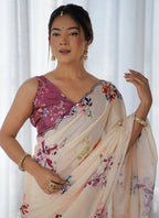 Vegaa Fashion Cream Chinon Silk Print Work With Mirror Work Border Designer Saree - Distacart