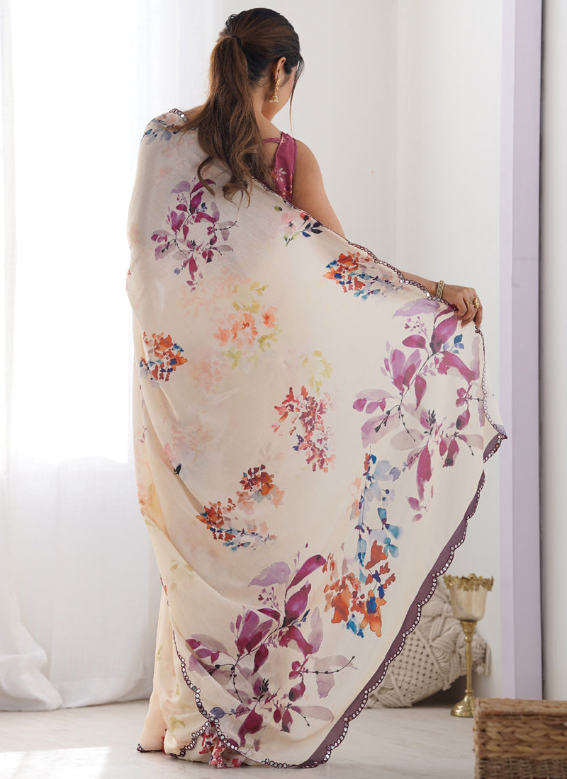 Vegaa Fashion Cream Chinon Silk Print Work With Mirror Work Border Designer Saree - Distacart