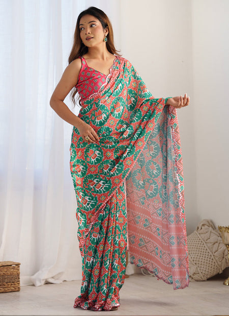 Vegaa Fashion Multi Color Chinon Silk Print Work With Mirror Work Border Designer Saree