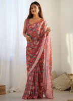 Vegaa Fashion Red Chinon Silk Print Work With Mirror Work Border Designer Saree - Distacart