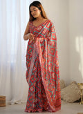Vegaa Fashion Red Chinon Silk Print Work With Mirror Work Border Designer Saree - Distacart