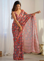 Vegaa Fashion Red Chinon Silk Print Work With Mirror Work Border Designer Saree - Distacart