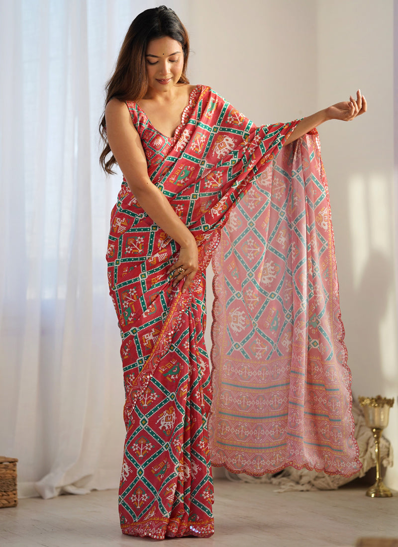 Vegaa Fashion Red Chinon Silk Print Work With Mirror Work Border Designer Saree - Distacart