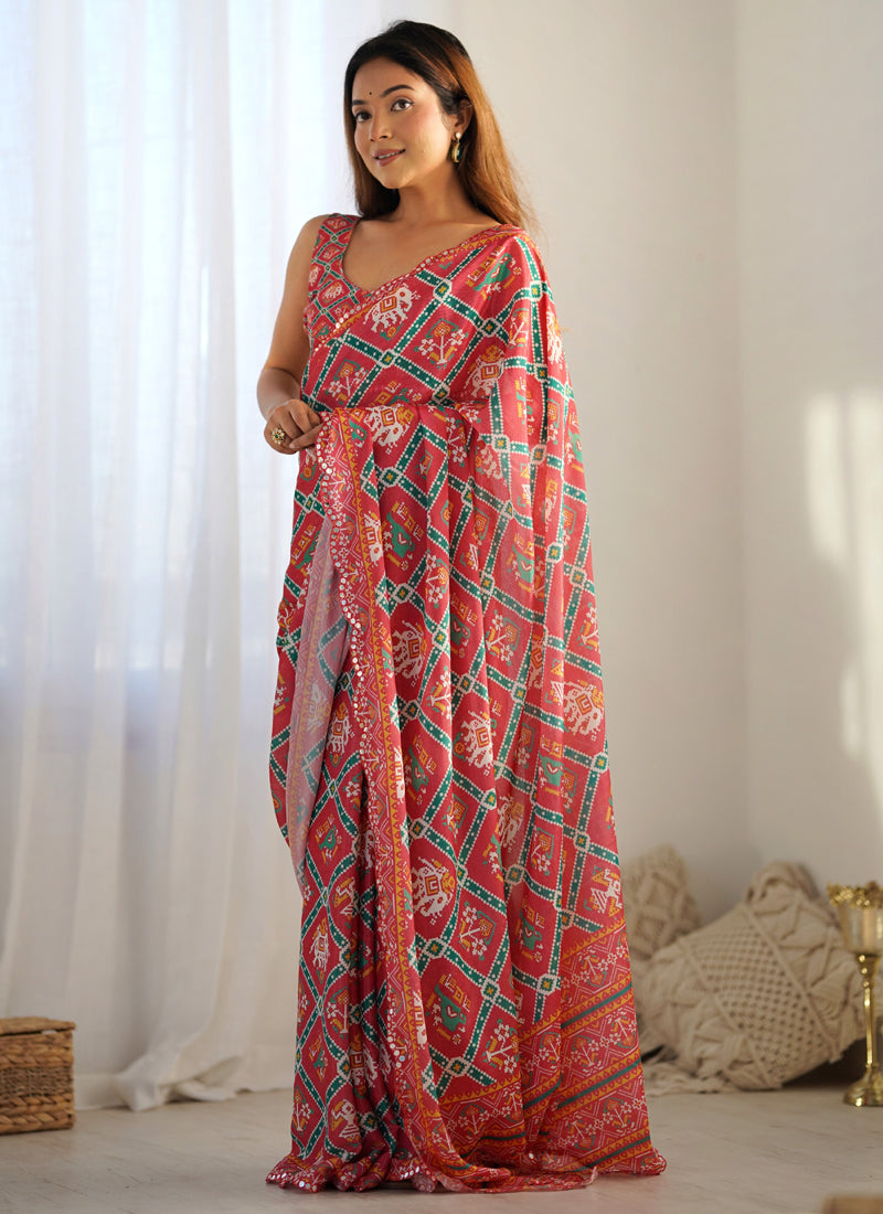 Vegaa Fashion Red Chinon Silk Print Work With Mirror Work Border Designer Saree - Distacart
