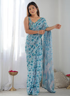 Vegaa Fashion Sky Blue Chinon Silk Print Work With Mirror Work Border Designer Saree - Distacart