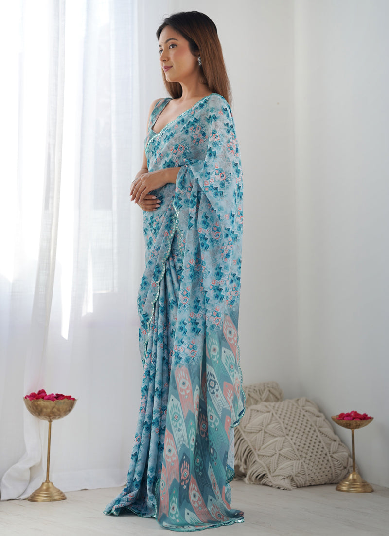 Vegaa Fashion Sky Blue Chinon Silk Print Work With Mirror Work Border Designer Saree - Distacart