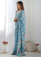Vegaa Fashion Sky Blue Chinon Silk Print Work With Mirror Work Border Designer Saree - Distacart