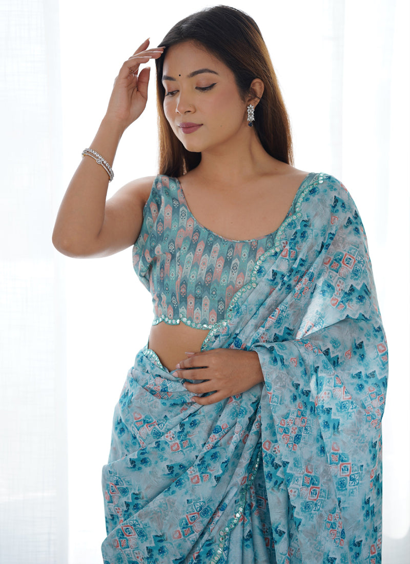 Vegaa Fashion Sky Blue Chinon Silk Print Work With Mirror Work Border Designer Saree - Distacart