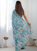 Vegaa Fashion Sky Blue Chinon Silk Print Work With Mirror Work Border Designer Saree - Distacart