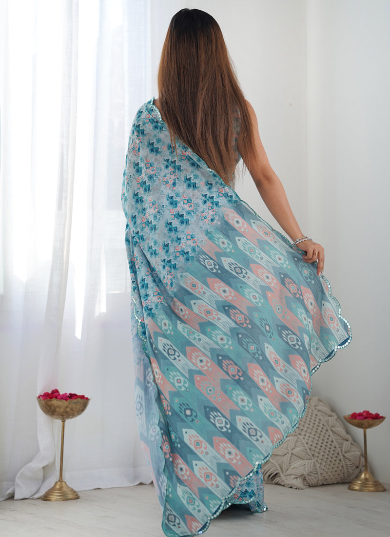 Vegaa Fashion Sky Blue Chinon Silk Print Work With Mirror Work Border Designer Saree - Distacart