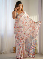 Vegaa Fashion Off White Chinon Silk Print Work With Mirror Work Border Designer Saree - Distacart