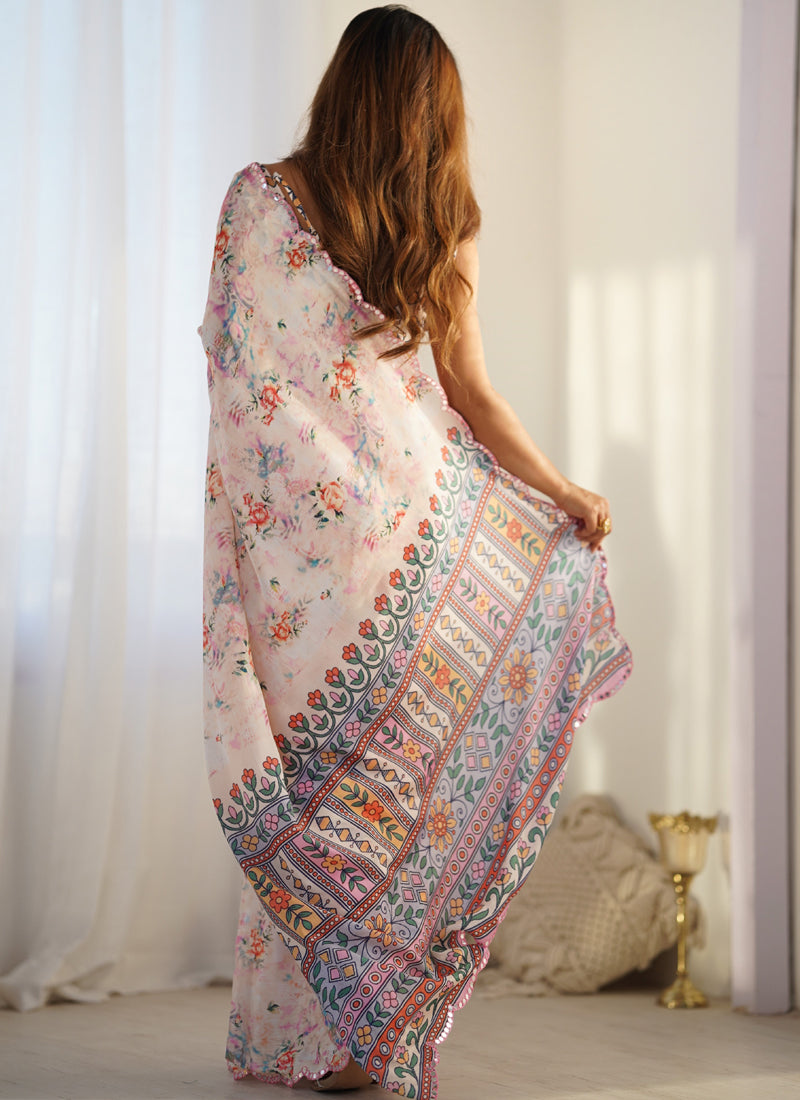 Vegaa Fashion Off White Chinon Silk Print Work With Mirror Work Border Designer Saree - Distacart