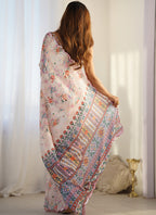Vegaa Fashion Off White Chinon Silk Print Work With Mirror Work Border Designer Saree - Distacart