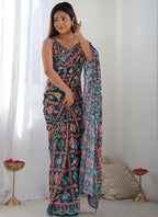 Vegaa Fashion Blue Chinon Silk Print Work With Mirror Work Border Designer Saree - Distacart