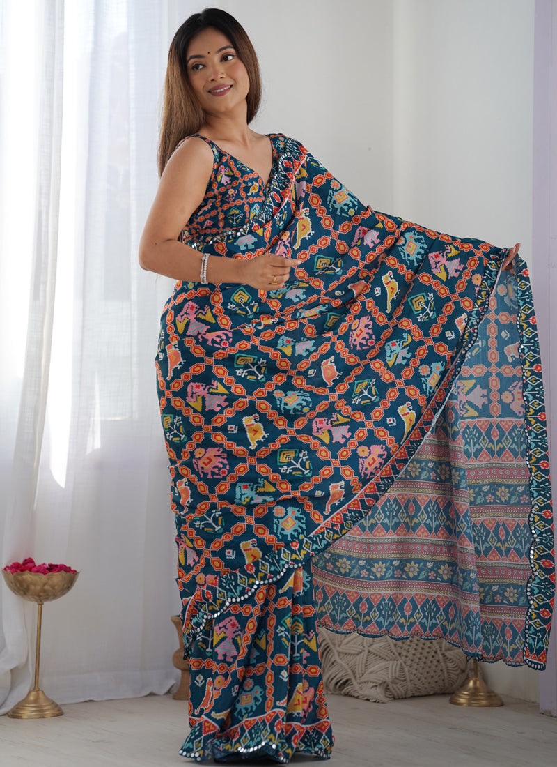 Vegaa Fashion Blue Chinon Silk Print Work With Mirror Work Border Designer Saree - Distacart
